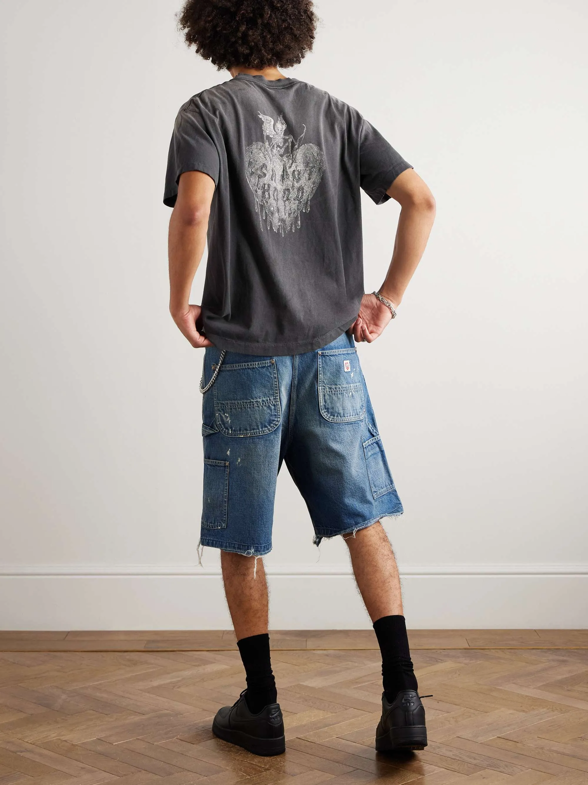 SAINT Mxxxxxx × NEIGHBORHOOD STHD . SS TEE FEARLESS/BLK NBHD Takizawa Shinsuke co-branded whiskey label/love skull angel distressed short sleeves washed black S-XL tube weave without side seam fabric ready-made Assute dyeing custom-woven NBHD co-branded main mark washed mark truly correct version top-level printing process restoration distressed treatment
